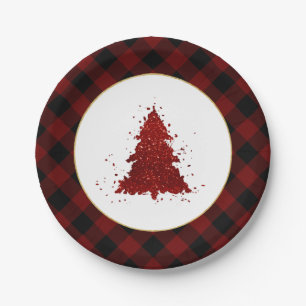 Rustic Red Christmas Tree Modern Buffalo Plaid Paper Plate