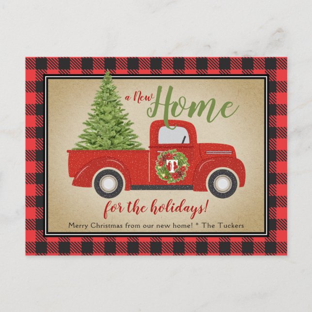 Rustic Red Christmas Truck Buffalo Plaid Moving Postcard (Front)