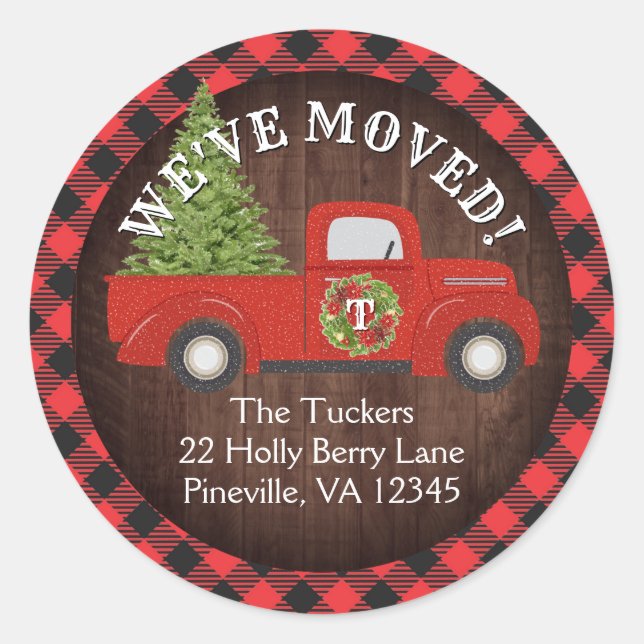 Rustic Red Christmas Truck Plaid Moving Address Classic Round Sticker (Front)