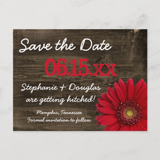 Rustic Red Daisy Wood Save The Date Postcards (Front)