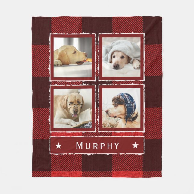Rustic Red Denim Buffalo Plaid Photo Collage Dog Fleece Blanket (Front)