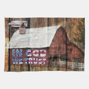 Rustic Red faded Barn With Latch In God We Trust Kitchen Towel