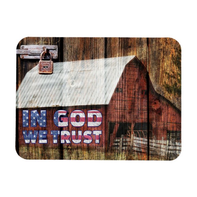 Rustic Red faded Barn With Latch In God We Trust Magnet (Horizontal)