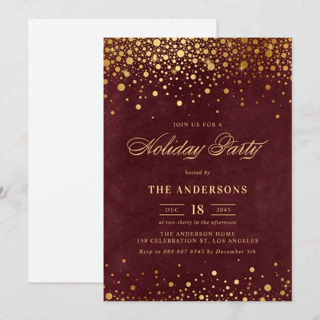 Rustic Red Faux Gold Foil Confetti Holiday Party Invitation (Front/Back)