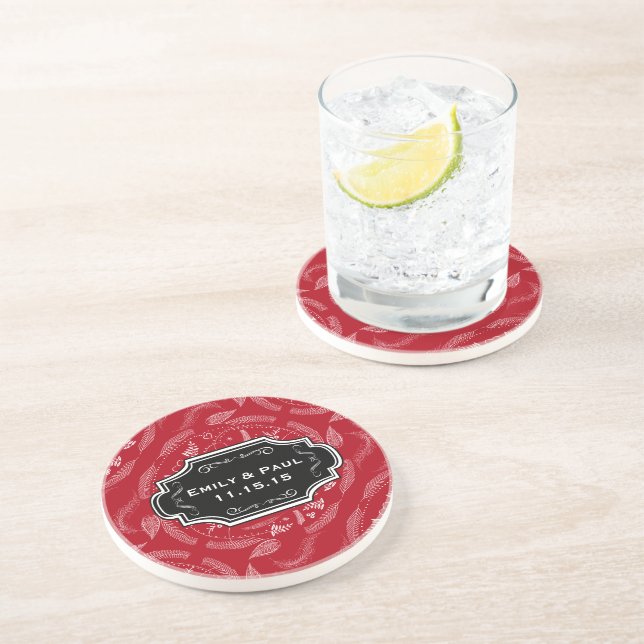 Rustic Red Feather Pattern Wedding Coasters (Side)