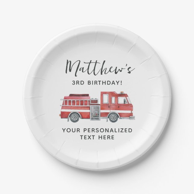 Rustic Red Firetruck Happy Birthday Party Paper Plate (Front)