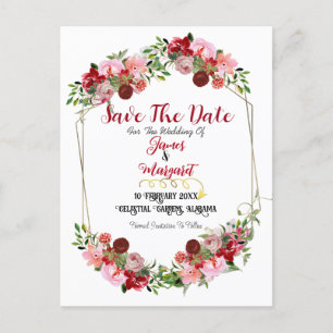 Rustic Red Floral Frame Watercolor Save The Date  Holiday Postcard