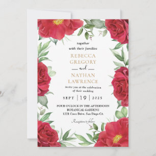 Rustic red floral wedding invitation