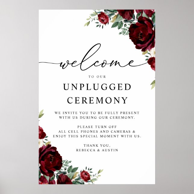 Rustic Red Floral Wedding Unplugged Ceremony Poster (Front)