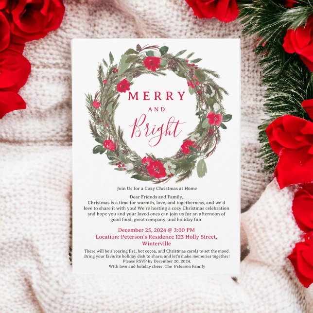 Rustic Red Floral Wreath Cozy Christmas Gathering Invitation (Rustic Red Floral Wreath Cozy Christmas Gathering Invitation)