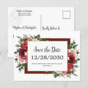 Rustic Red Flowers Winter Wedding Save the Date Announcement Postcard