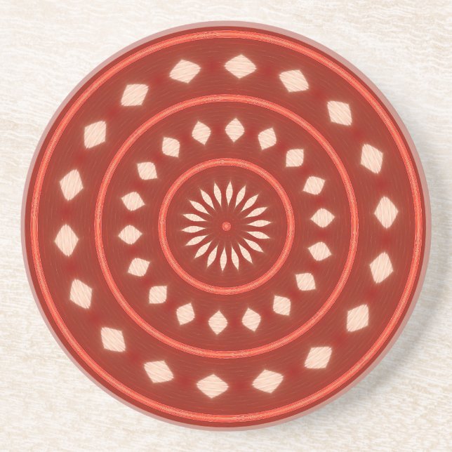 Rustic Red Geometric Sunburst Abstract Art Coaster (Front)