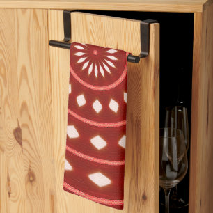 Rustic Red Geometric Sunburst Abstract Art Kitchen Towel