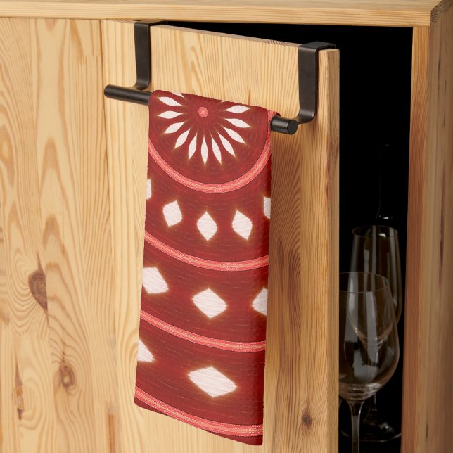 Rustic Red Geometric Sunburst Abstract Art Kitchen Towel (Thirds Fold)