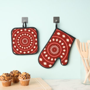 Rustic Red Geometric Sunburst Abstract Art Oven Mitt & Pot Holder Set