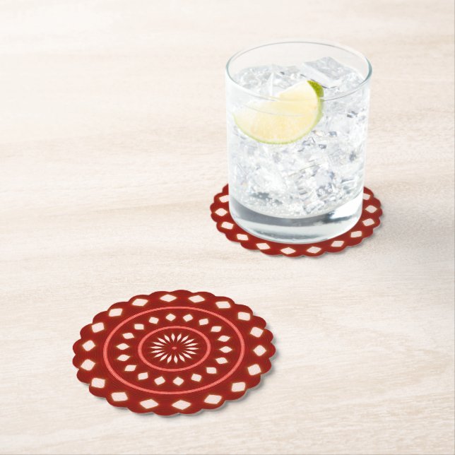 Rustic Red Geometric Sunburst Abstract Art Paper Coaster (Insitu)