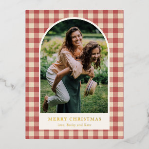 Rustic Red Gingham Arch Photo Modern Christmas Foil Holiday Postcard