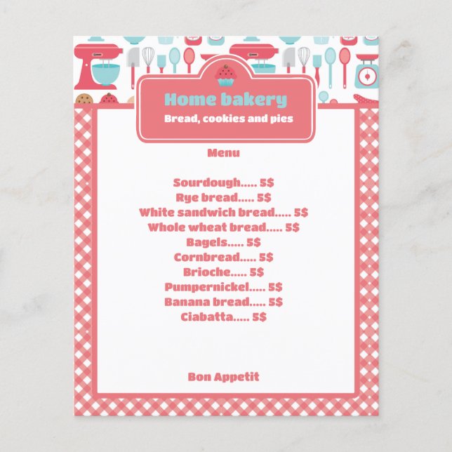 Rustic Red Gingham Bakery Menu & Price List (Front)