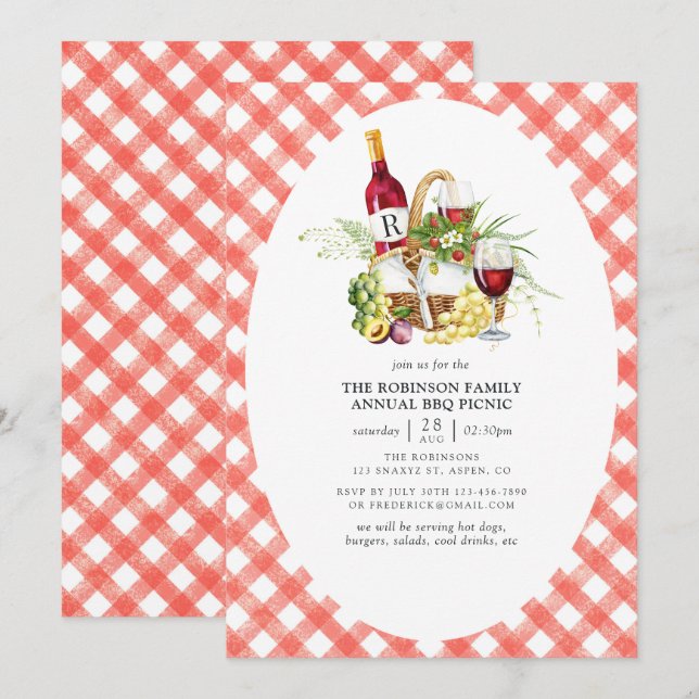 Rustic Red Gingham BBQ Picnic Monogram Invitation (Front/Back)