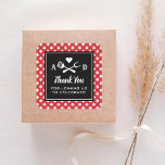 Rustic Red Gingham BBQ Wedding Thank You Square Sticker<br><div class="desc">Wedding thank you favour stickers feature a black and white barbecue themed design with a BBQ fork and spatula grilling utensils and a heart accent. Personalize the custom monogram initials and "Thank you for joining us to celebrate!" message. Includes a red and white gingham tablecloth patterned background. Perfect for a...</div>