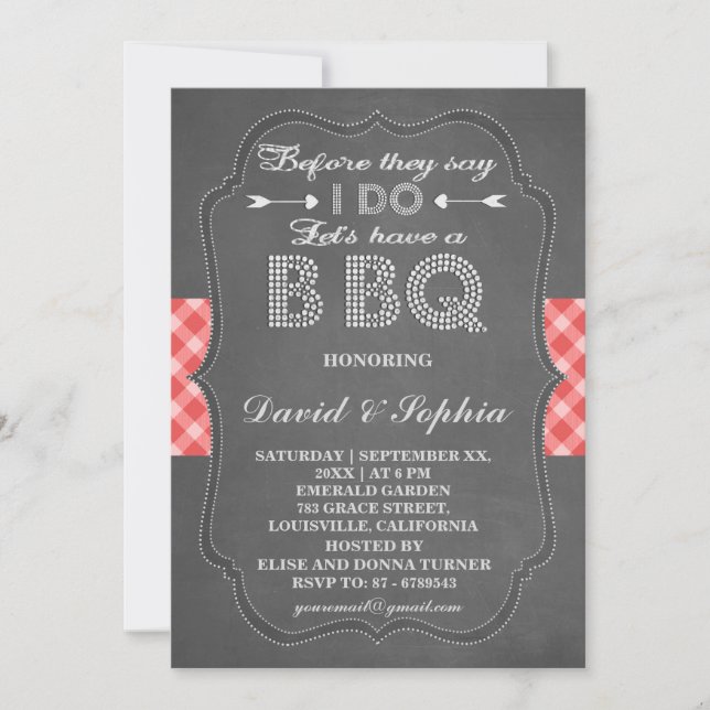Rustic Red Gingham Chalkboard I DO BBQ Invitation (Front)