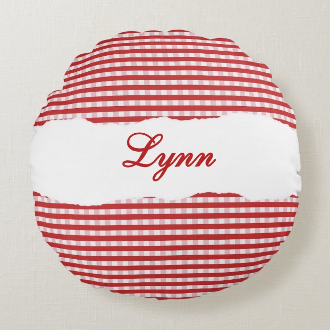 Rustic Red Gingham Personalized Name Round Pillow (Front)