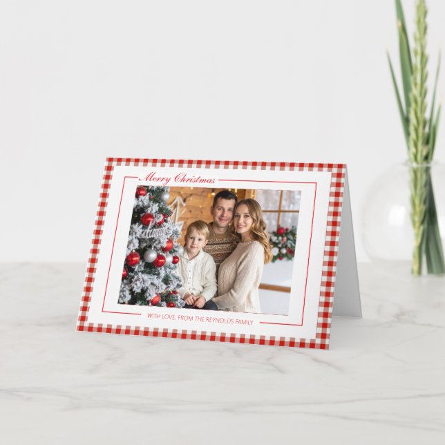 Rustic Red Gingham Photo Christmas Greeting Card (Front)