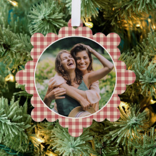Rustic Red Gingham Photo Modern Christmas Ornament Card