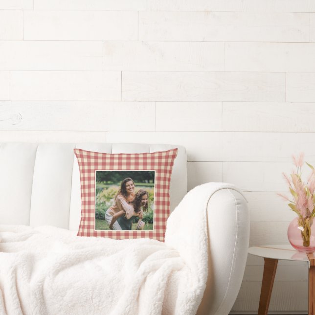 Rustic Red Gingham Photo Modern Christmas Throw Pillow (Couch)