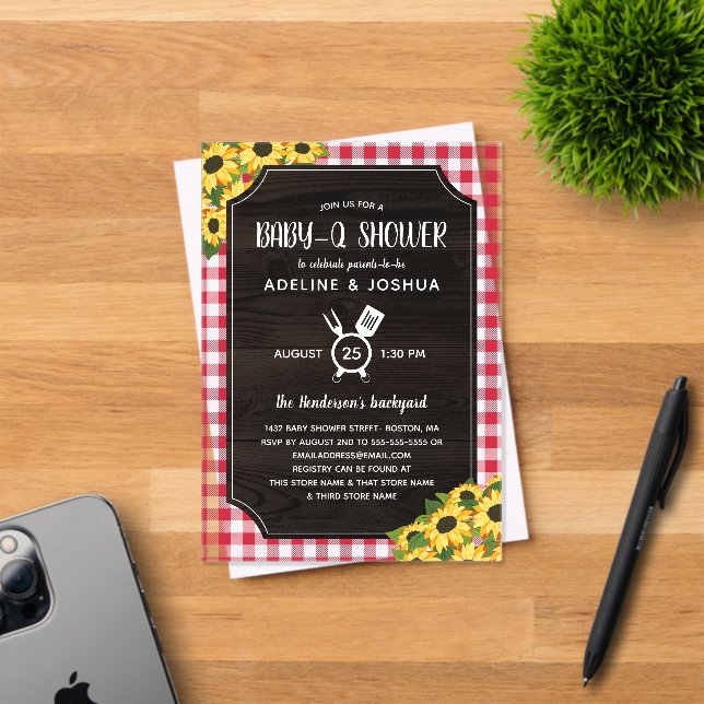 Rustic Red Gingham Sunflowers Baby-Q Shower Acrylic Invitations (Insitu (Invitation Card))