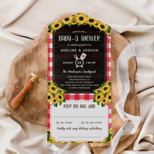 Rustic Red Gingham Sunflowers Baby-Q Shower All In One Invitation
