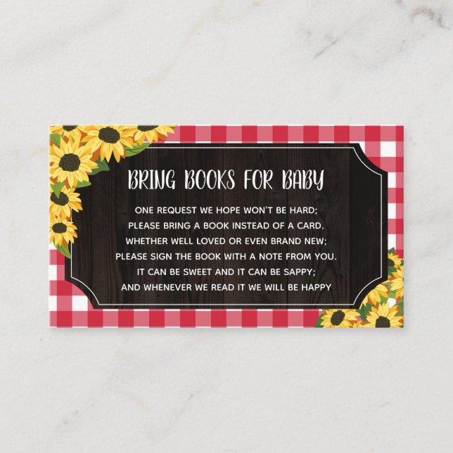 Rustic Red Gingham & Sunflowers Books For Baby Enclosure Card (Front)