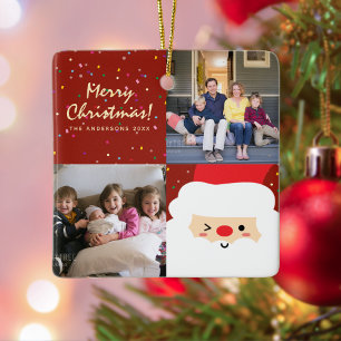 Rustic Red & Gold Christmas Santa and Family Photo Ceramic Ornament