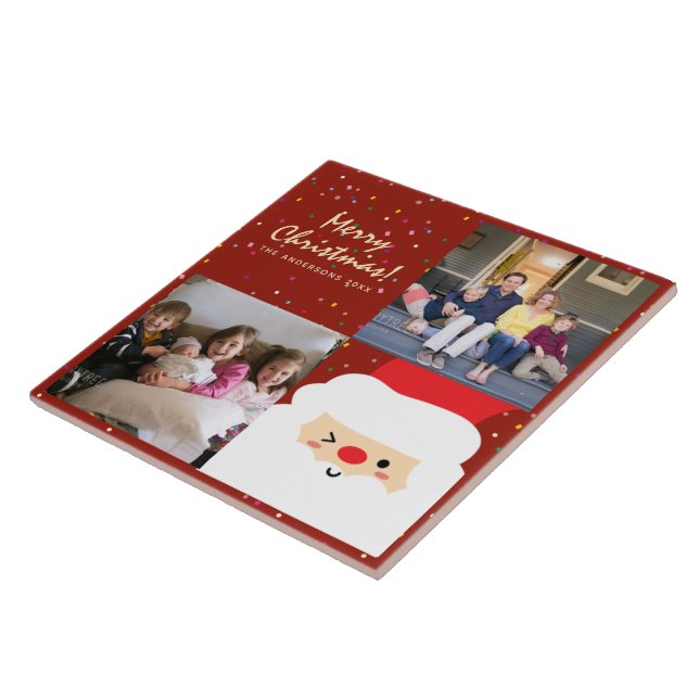 Rustic Red & Gold Christmas Santa and Family Photo Tile (Side)