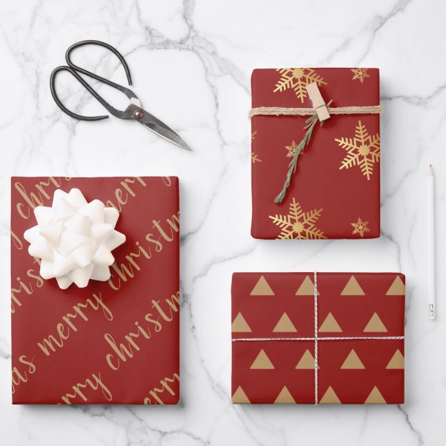 Rustic Red Gold Merry Christmas Snowflake Wrapping Wrapping Paper Sheet (Front)