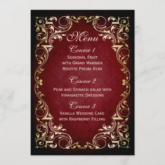 rustic red gold regal wedding menu (Front)