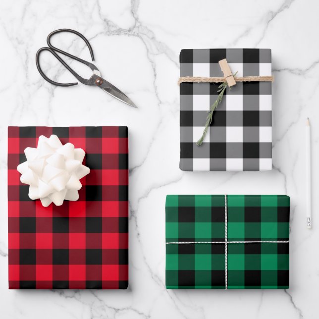 Rustic Red Green and Black Buffalo Plaid Christmas Wrapping Paper Sheet (Front)