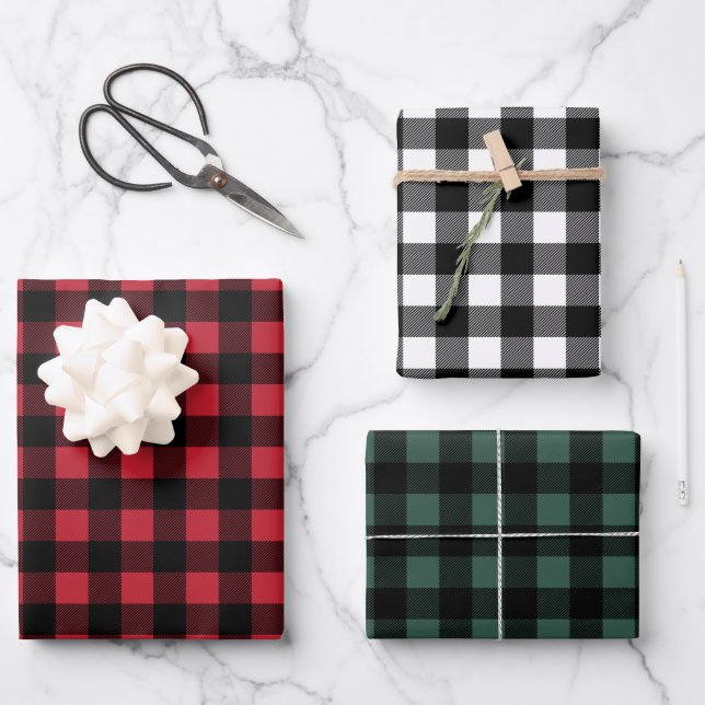 Rustic Red Green and Black Buffalo Plaid Christmas Wrapping Paper Sheet (Front)