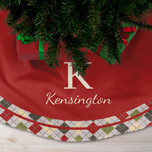 Rustic Red Green Argyle Christmas Monogram Brushed Polyester Tree Skirt