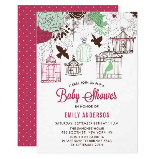 Rustic Red & Green Bird Cages Floral Baby Shower Card