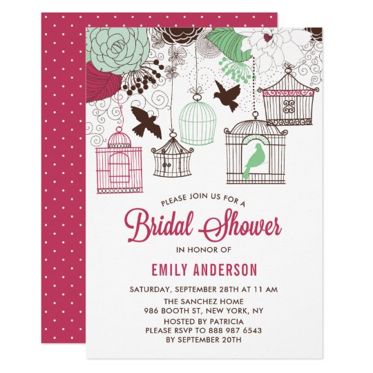 Rustic Red & Green Bird Cages Floral Bridal Shower Card