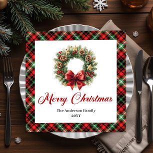 Rustic Red Green Christmas Wreath Napkin Set