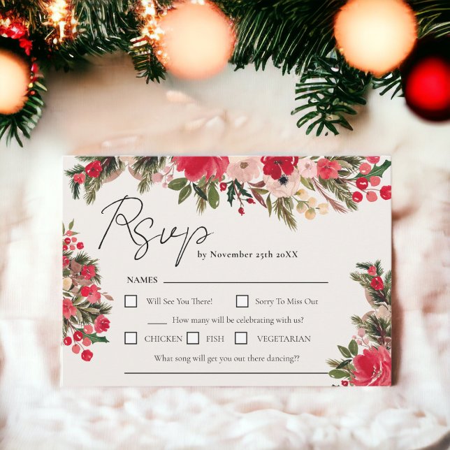 Rustic Red green Floral Winter Wedding RSVP Card (Rustic Red green Floral Winter Wedding RSVP Card)