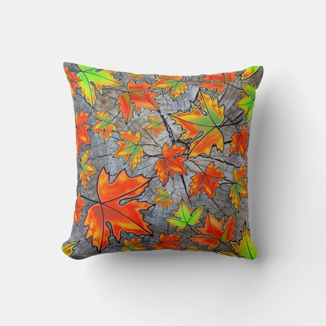Rustic  red green orange tree bark maple leaves throw pillow (Front)