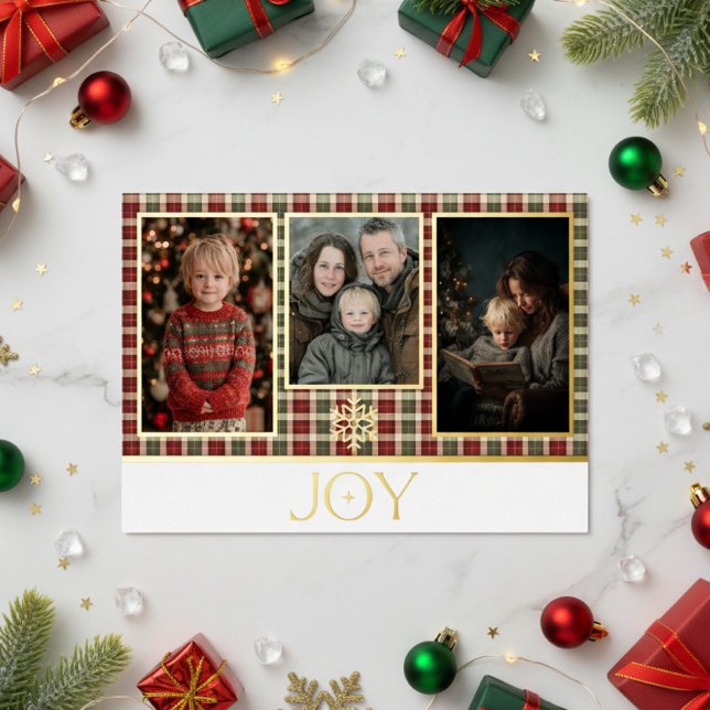 Rustic Red & Green Plaid Christmas Joy Photo Foil Holiday Card (Creator Uploaded)