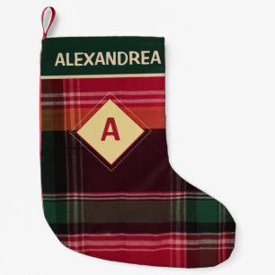 Rustic Red Green Plaid Diamond Monogram Custom Small Christmas Stocking