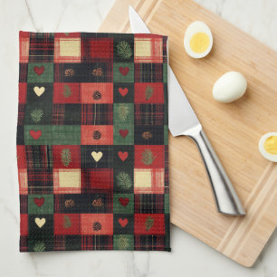 Rustic Red Green Plaid Hearts Christmas Holiday Kitchen Towel