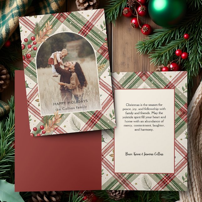 Rustic Red Green Plaid w/Holly Arch 1 Photo Holiday Card (Creator Uploaded)