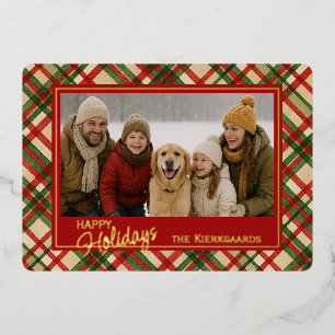 Rustic Red Green Plaid Watercolor Pattern And Gold Foil Holiday Card