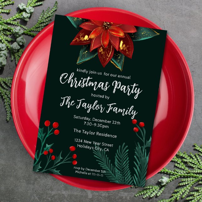 Rustic Red Green Poinsettia Christmas Wreath  Invitation (Creator Uploaded)